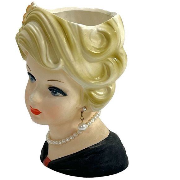 Vintage Inarco Head Vase Blonde Pearl Earrings Necklace E5622 - Picture 3 of 15